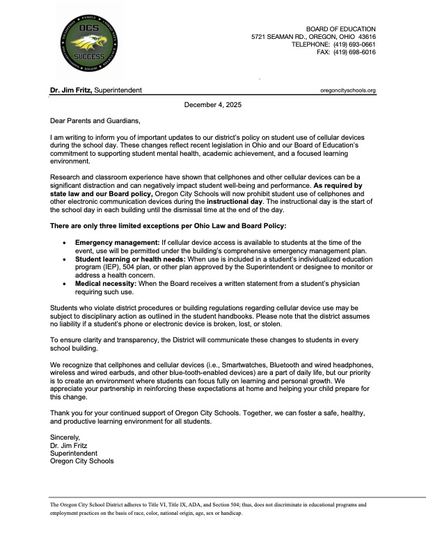 Parent letter on student cell phone policy
